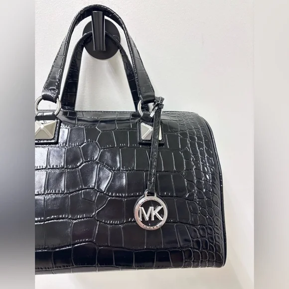 NWT Michael Kors Grayson Black Medium Crocodile-Embossed Leather Duffel Satchel - Picture 2 of 13